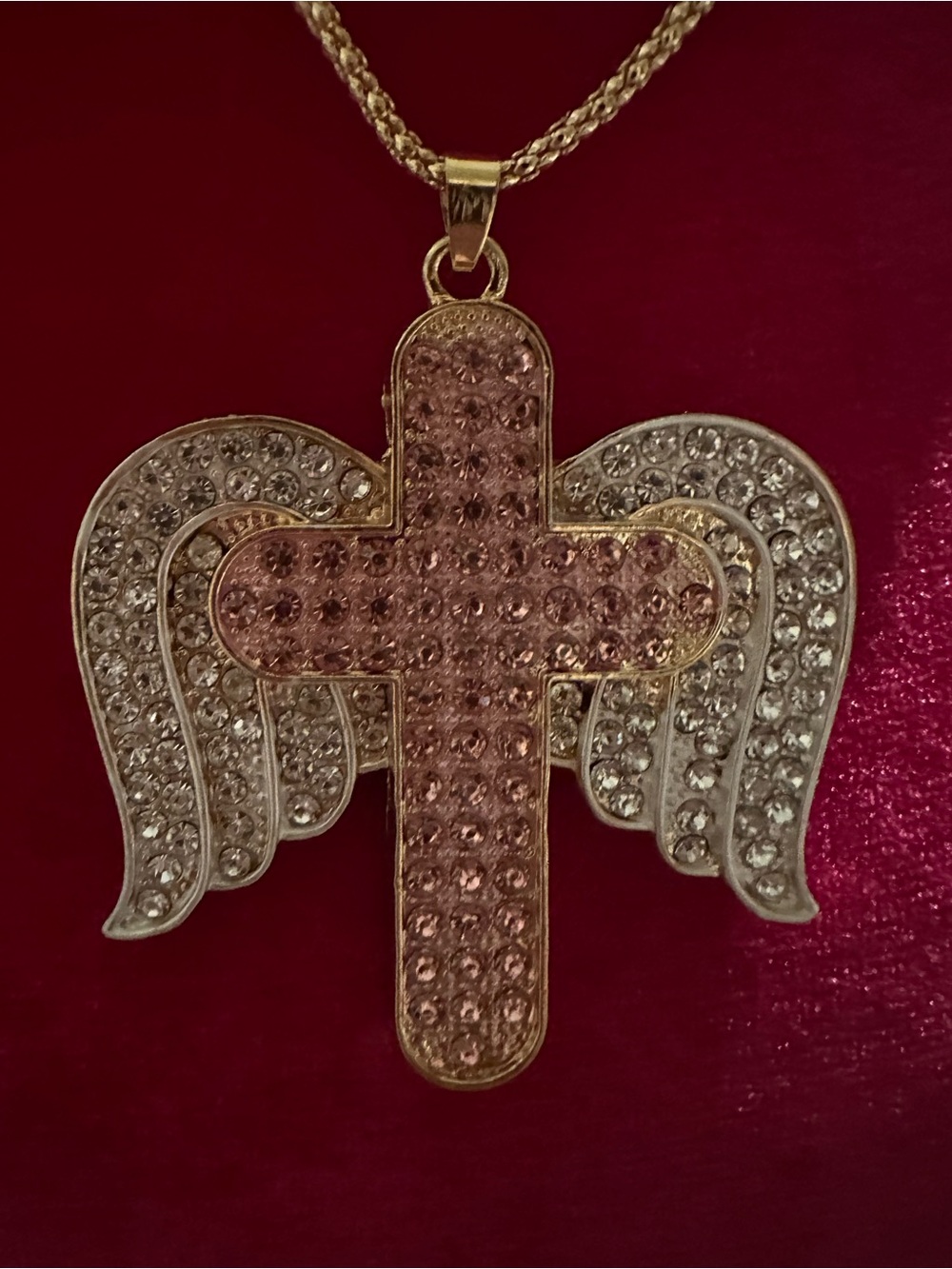Betty Johnson Gold-Tone Pink Crystal Cross & Wings Pendant Necklace